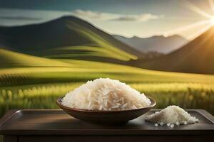 rice in bowl on table with mountains in background. AI-Generated photo