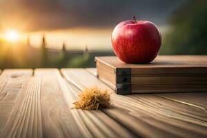 an apple sits on top of a book on a wooden table. AI-Generated photo