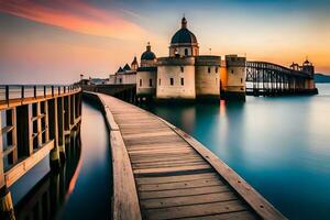 a pier with a castle in the background at sunset. AI-Generated photo