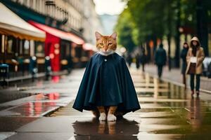 a cat wearing a cape on a rainy day. AI-Generated photo