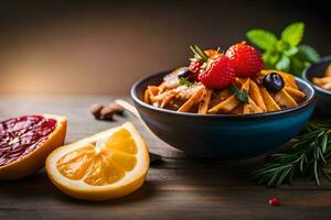 pasta with fresh fruit and herbs on wooden table. AI-Generated photo