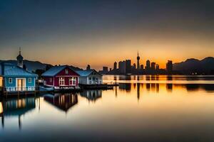 the city skyline is reflected in the water at sunset. AI-Generated photo