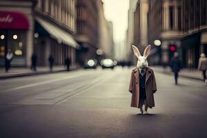 a rabbit wearing a coat and tie standing in the middle of a city street. AI-Generated photo