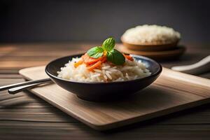 a bowl of rice with carrots and mint on a wooden table. AI-Generated photo