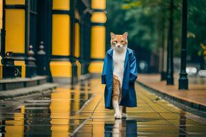 a cat in a blue coat walking down a street. AI-Generated photo