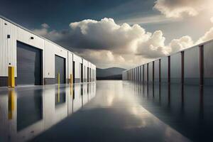 storage facilities with clouds reflecting on the water. AI-Generated photo