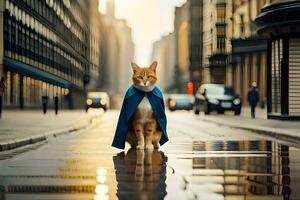 a cat wearing a cape walks down a street. AI-Generated photo