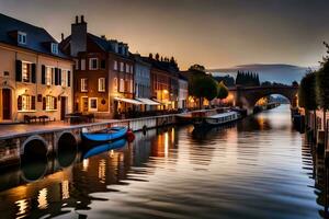 a canal in the middle of a city at dusk. AI-Generated photo