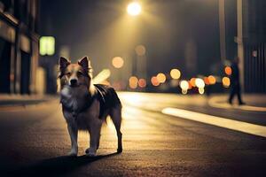a dog standing on the street at night. AI-Generated photo