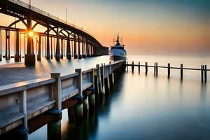 a boat is docked at the end of a pier at sunset. AI-Generated photo