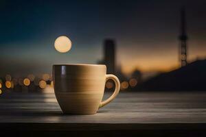 un café taza se sienta en un mesa en frente de un ciudad horizonte. generado por ai foto