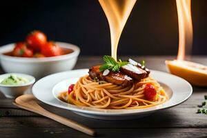 espaguetis con carne y vegetales en un lámina. generado por ai foto