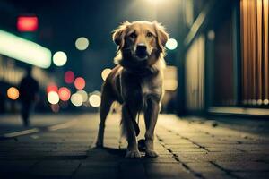 a dog standing on a street at night. AI-Generated photo