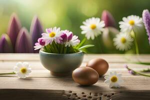 easter flowers and eggs in a vase on a wooden table. AI-Generated photo