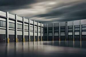 an empty warehouse with dark clouds in the background. AI-Generated photo