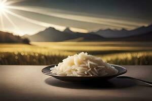 un cuenco de arroz en un mesa con un montaña en el antecedentes. generado por ai foto