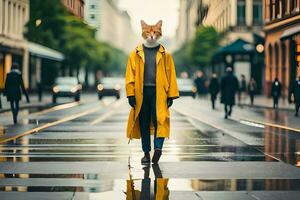un persona vistiendo un zorro máscara en un lluvioso calle. generado por ai foto
