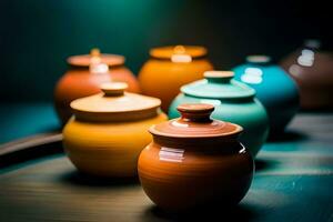 colorful ceramic jars on a table. AI-Generated photo