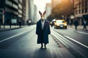 a rabbit wearing a coat and standing on the street. AI-Generated photo
