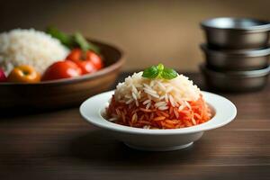 a bowl of rice with tomatoes and basil on a table. AI-Generated photo