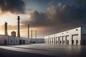 industrial buildings with smoke stacks and sky at sunset. AI-Generated photo