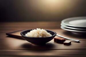 un cuenco de arroz se sienta en un mesa siguiente a un lámina. generado por ai foto