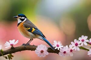 a bird sitting on a branch with pink flowers. AI-Generated photo