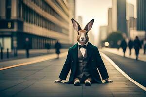 a rabbit dressed in a suit and tie sitting on the street. AI-Generated photo