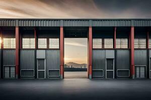 a large industrial building with two doors. AI-Generated photo