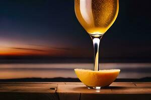 un vaso de champán con un rebanada de limón en un mesa. generado por ai foto