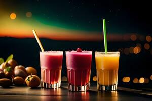 three different types of fruit juices on a table. AI-Generated photo