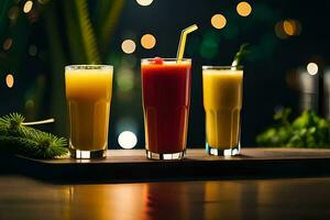 three different types of juices on a wooden tray. AI-Generated photo