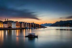 a boat sits in the water at sunset. AI-Generated photo