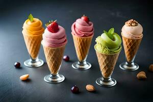 five ice cream cones with different flavors. AI-Generated photo