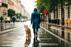 a woman walking her dog in the rain. AI-Generated photo