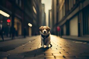 un perro es en pie en un calle en un ciudad. generado por ai foto