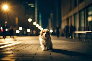 un perro caminando abajo un calle a noche. generado por ai foto