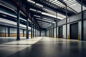 an empty warehouse with a large open space. AI-Generated photo