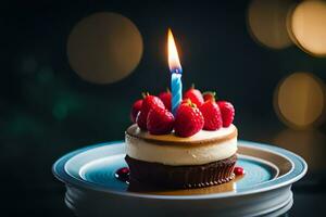 birthday cake with candles and strawberries. AI-Generated photo
