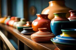 a row of colorful vases on a shelf. AI-Generated photo