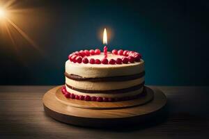 birthday cake with one lit candle on top of a wooden stand. AI-Generated photo