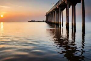 un muelle con un barco en el agua a puesta de sol. generado por ai foto