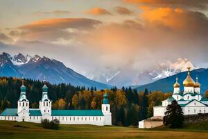 the russian orthodox church in the mountains at sunset. AI-Generated photo