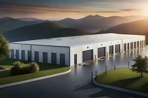 a large warehouse building with a mountain in the background. AI-Generated photo