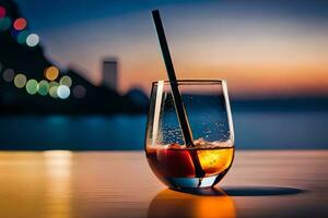 a glass of alcohol with a straw sitting on a table. AI-Generated photo