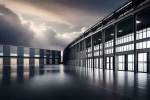 an empty warehouse with a cloudy sky. AI-Generated photo