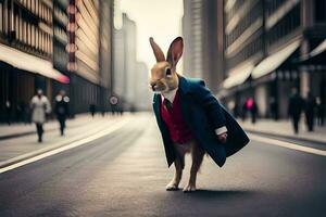 a rabbit dressed in a suit and tie standing on the street. AI-Generated photo