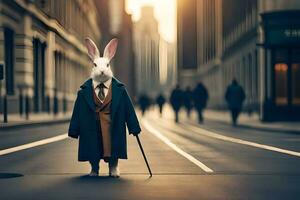 a white rabbit in a suit and tie standing on a street. AI-Generated photo