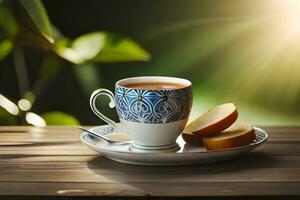 un taza de té se sienta en un de madera mesa con un rebanada de un pan. generado por ai foto