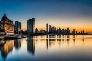 the city skyline is reflected in the water at sunset. AI-Generated photo